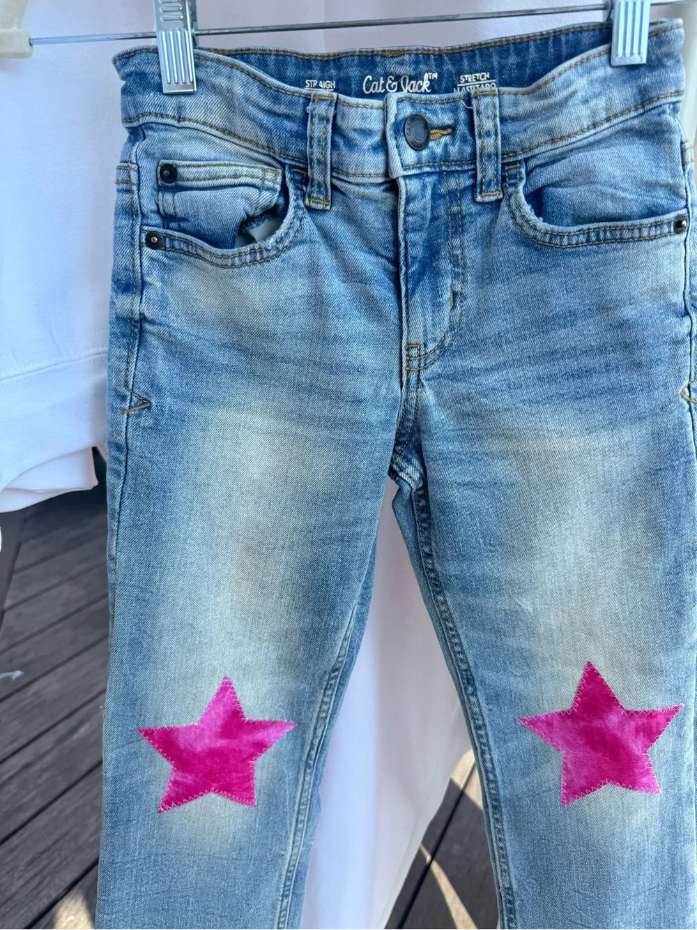 Handmade White Kids Sweatshirt & Light Wash Jeans Set with Pink Stars